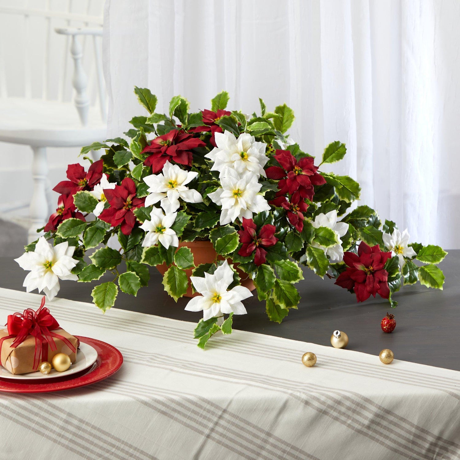 26” Poinsettia and Variegated Holly Artificial Plant in Terra-Cotta Planter (Real Touch)