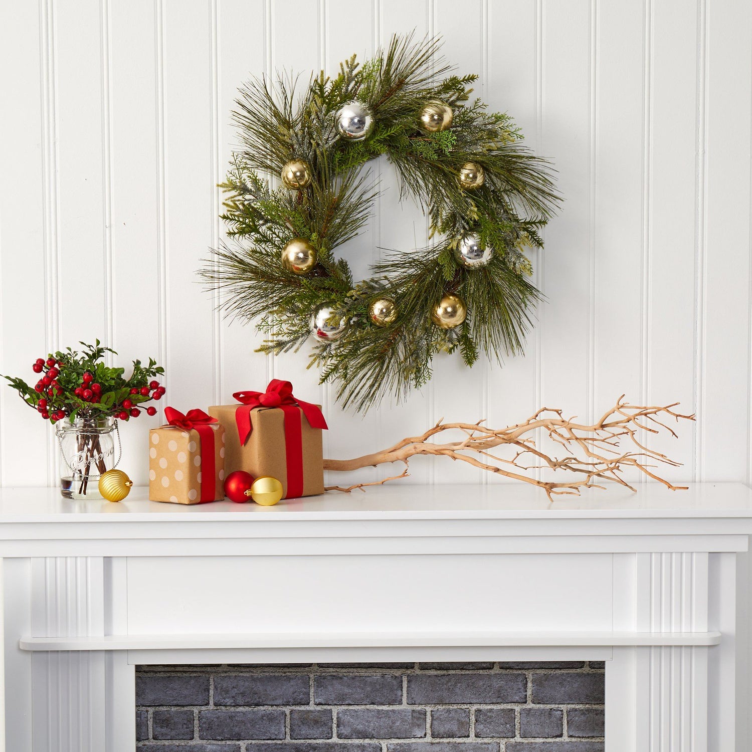 26” Sparkling Pine Artificial Wreath with Decorative Ornaments