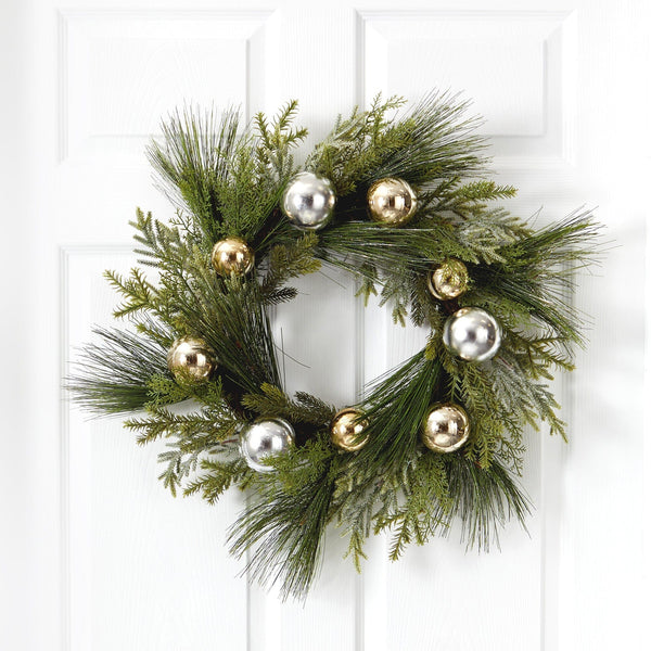 26” Sparkling Pine Artificial Wreath with Decorative Ornaments