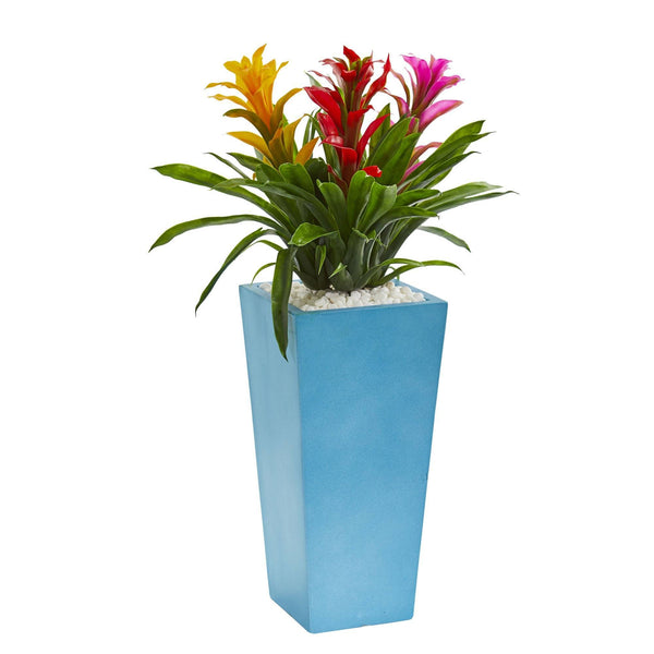 26” Triple Bromeliad Artificial Plant in Turquoise Tower Vase