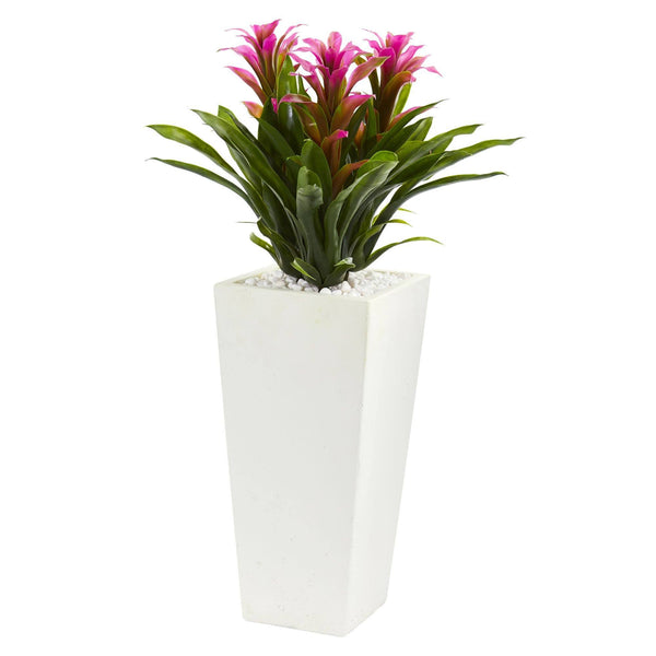 26” Triple Bromeliad Plant in White Tower Planter