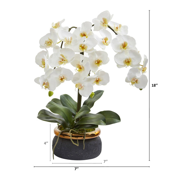 26” Triple Phalaenopsis Orchid Artificial Arrangement in Black Vase with Bronze Rim
