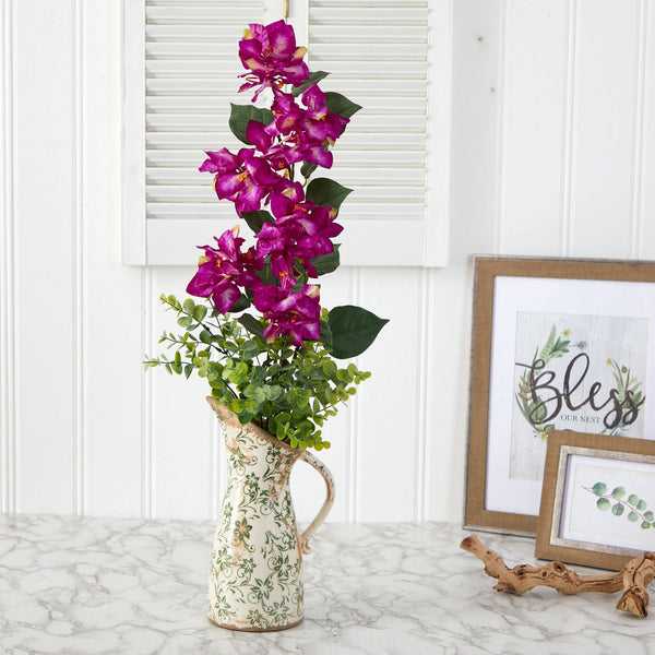 27” Bougainvillea and Eucalyptus Artificial Arrangement in Floral Pitcher