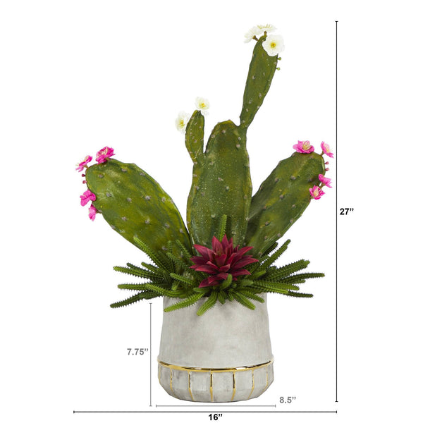 27” Cactus and Succulent Artificial Plant in Stoneware Planter with Gold Trimming