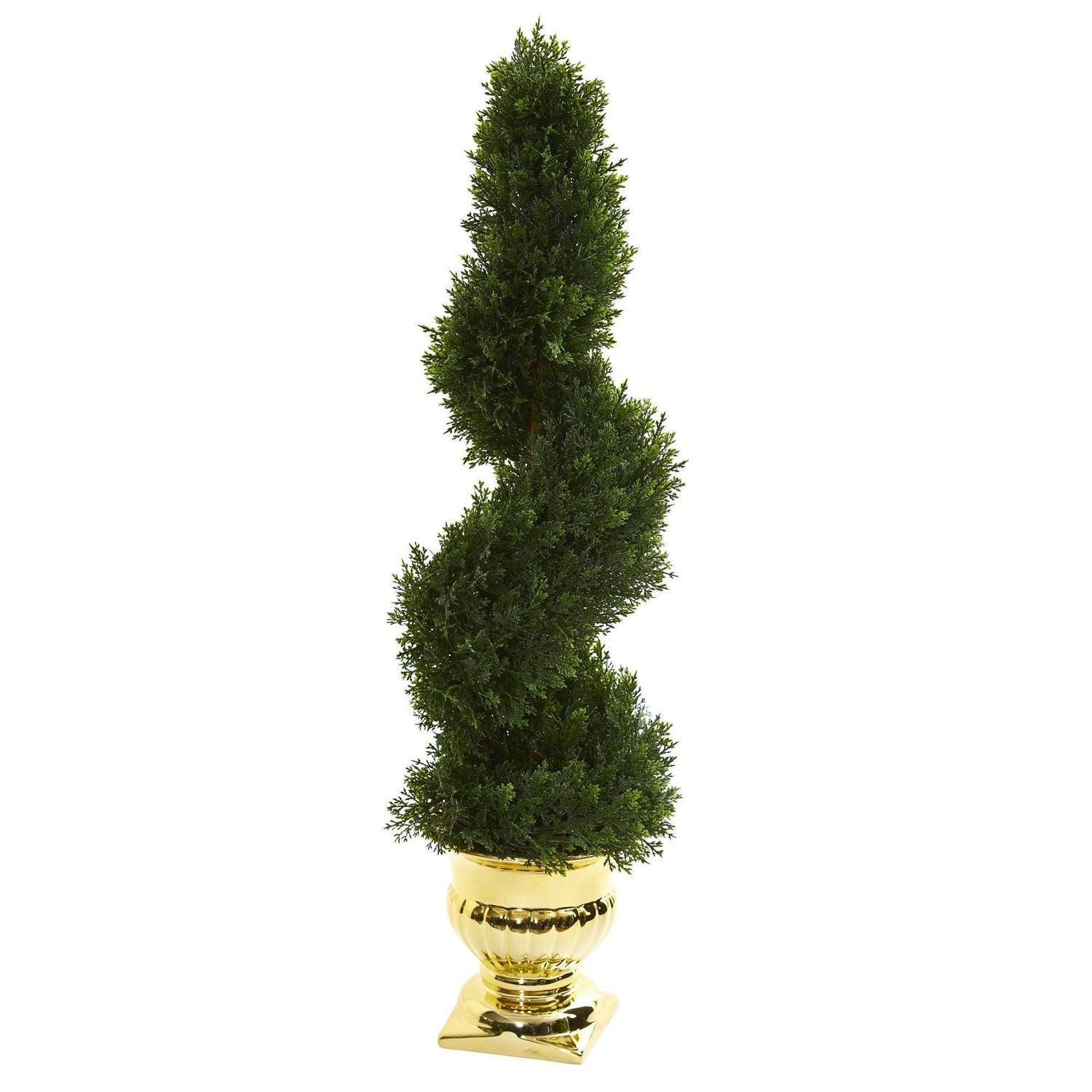27” Cedar Spiral Artificial Topiary Tree in Gold Urn (Indoor/Outdoor)