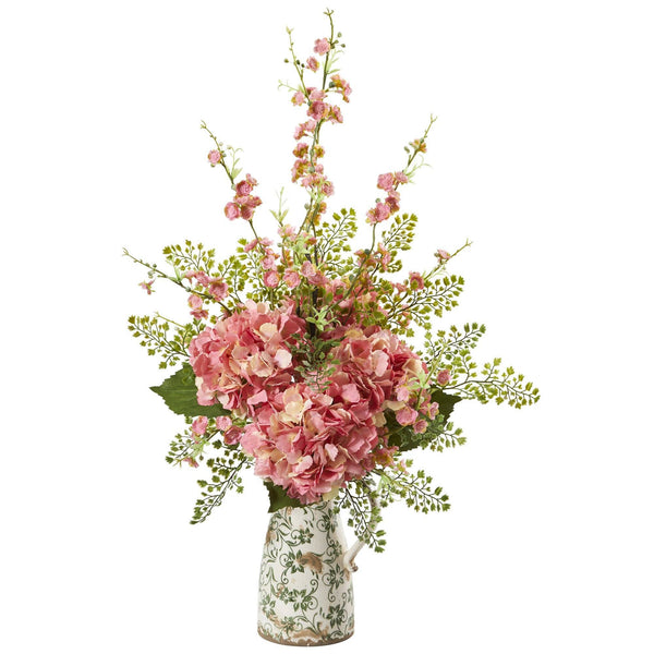 27” Cherry Blossom, Hydrangea and Greens Arrangement in Vase