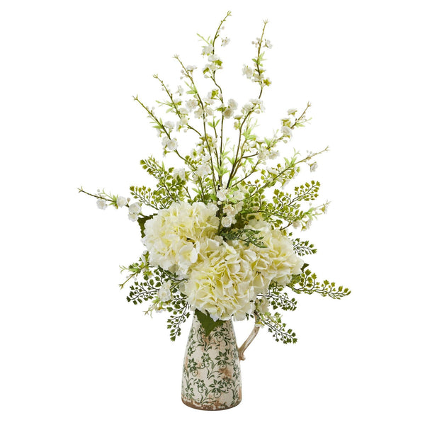 27” Cherry Blossom, Hydrangea and Greens Arrangement in Vase