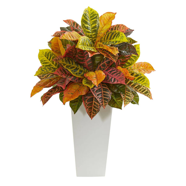 27” Croton Artificial Plant in White Tower Planter (Real Touch)