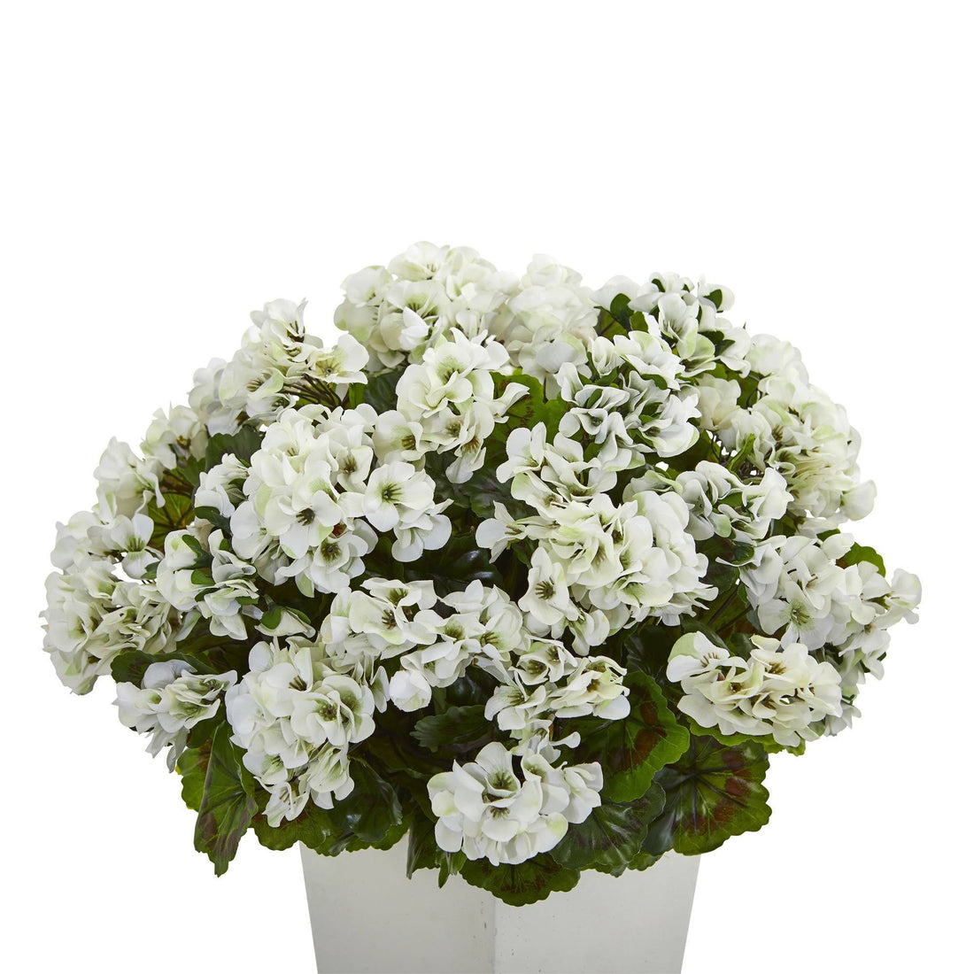 Nearly Natural Artificial 27 in. Geranium Plant in White Planter, UV-Resistant, Indoor/Outdoor