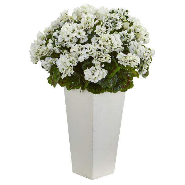 27” Geranium Artificial Plant in White Planter UV Resistant (Indoor/Outdoor)