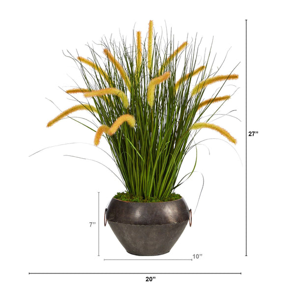 27” Onion Grass Artificial Plant in Metal Bowl