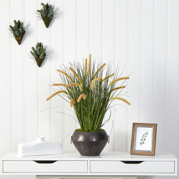 27” Onion Grass Artificial Plant in Metal Bowl