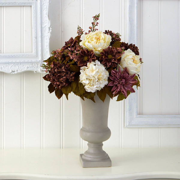 27” Peony, Hydrangea and Dahlia Artificial Arrangement in Sand Colored Urn