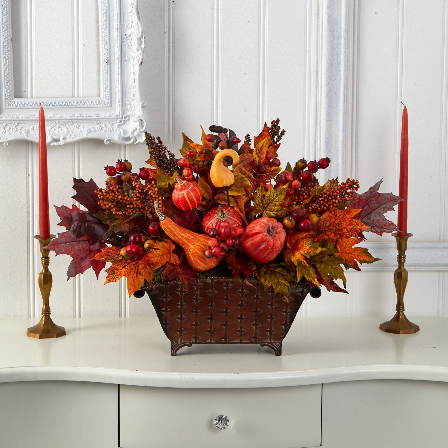 27” Pumpkin, Maple Leaf and Berries Artificial Arrangement in Metal Vase