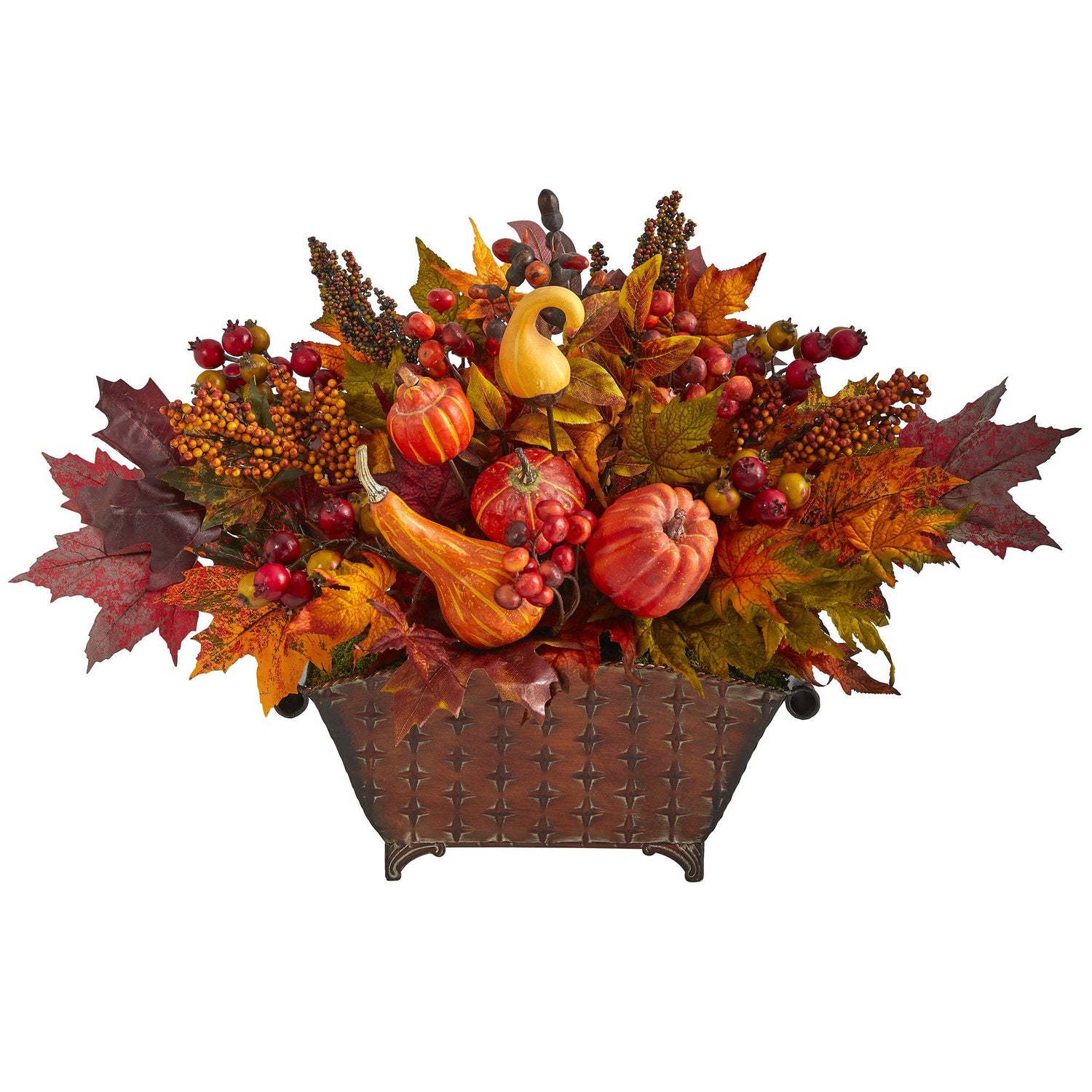 27” Pumpkin, Maple Leaf and Berries Artificial Arrangement in Metal Vase