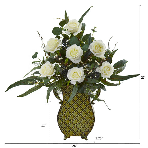 27” Rose and Eucalyptus Artificial Plant in Metal Planter