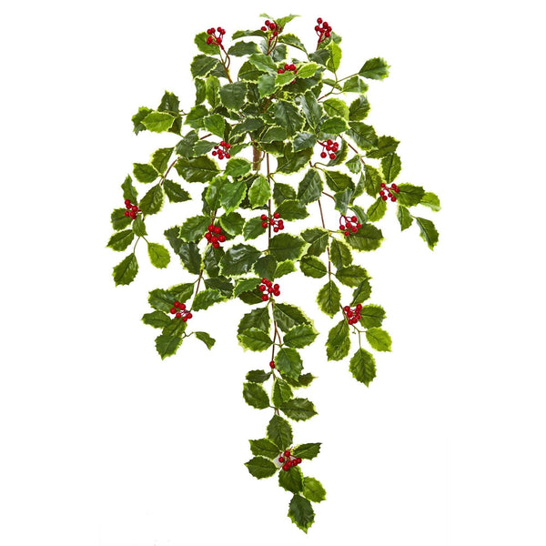 27” Variegated Holly Leaf w/Berries Hanging Bush Artificial Plant (Set of 3) (Real Touch)