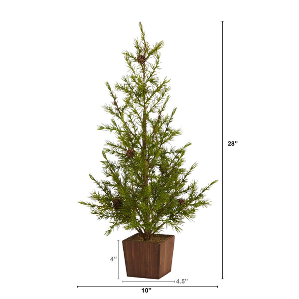 28” Alpine “Natural Look” Artificial Christmas Tree in Wood Planter with Pine Cones