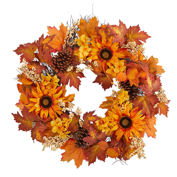 28” Autumn Maple Leaves, Sunflower, White Berries and Pinecones Artificial Fall Wreath