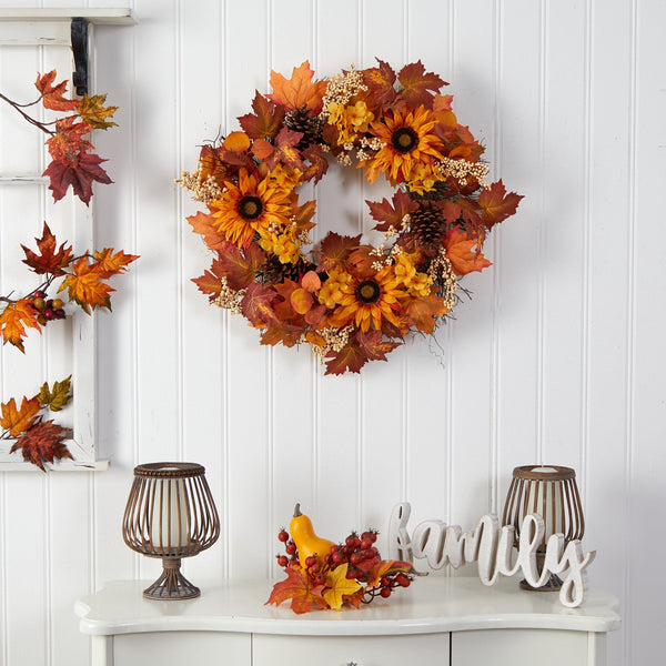 28” Autumn Maple Leaves, Sunflower, White Berries and Pinecones Artificial Fall Wreath