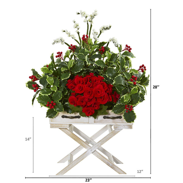 28” Begonia and Holly Leaf Artificial Arrangement in Drawer Planter
