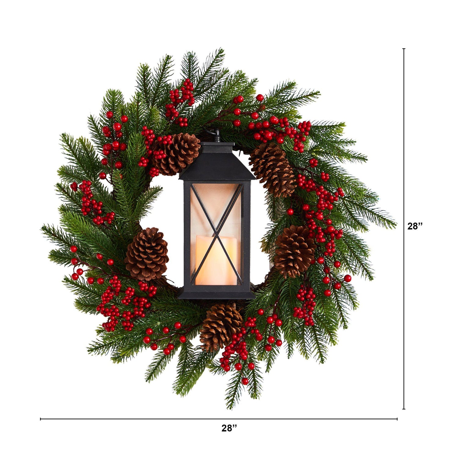 28” Berries and Pine Artificial Christmas Wreath with Lantern and Included LED Candle