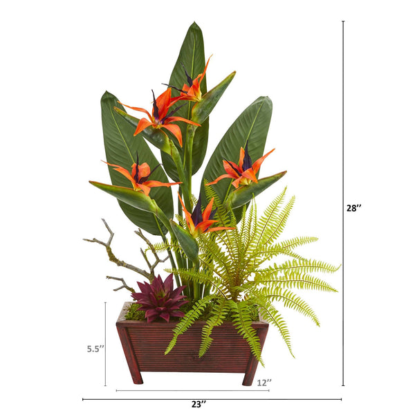 28” Bird of Paradise, Succulent and Fern Artificial Plant in Decorative Planter
