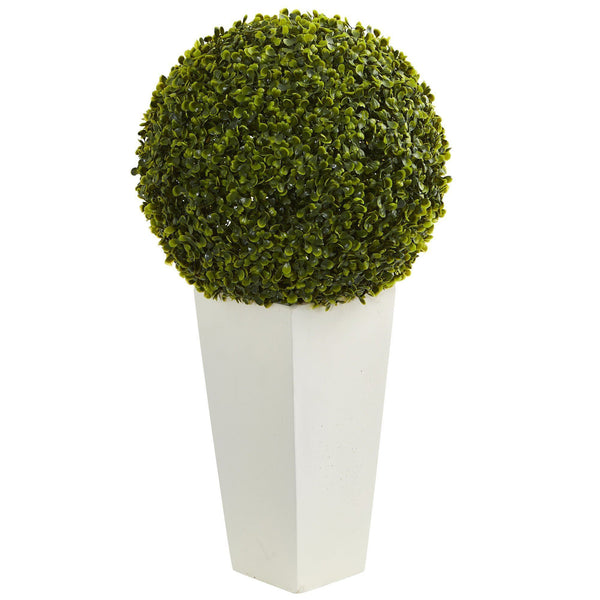 28” Boxwood Topiary Ball Artificial Plant in White Tower Planter (Indoor/Outdoor)