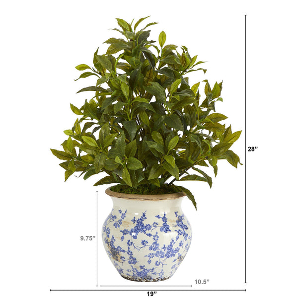 28” Coffee Leaf Artificial Plant in Vintage Floral Planter (Real Touch)