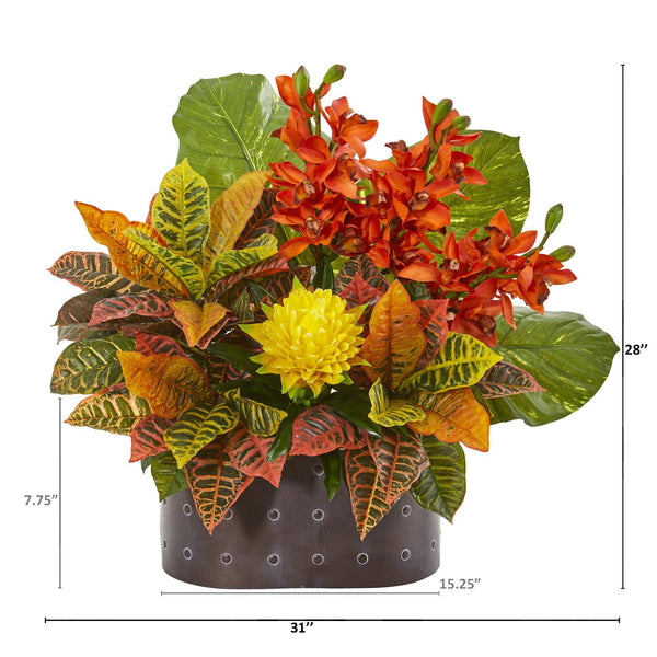 28” Cymbidium Orchid, Bromeliad, Croton and Pothos Artificial Plant