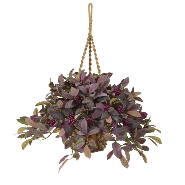 28” Fall Laurel Leaf with Berries Artificial Plant in Hanging Basket