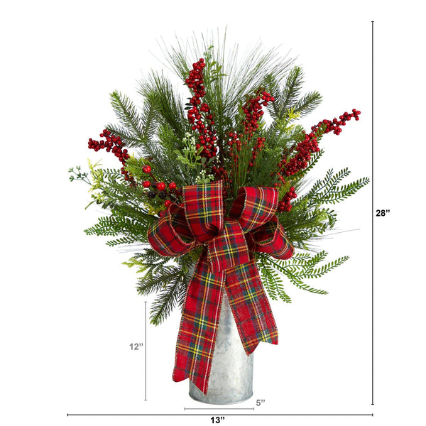 28” Holiday Winter Greenery, Berries and Plaid Bow Artificial Christmas Arrangement Home Décor