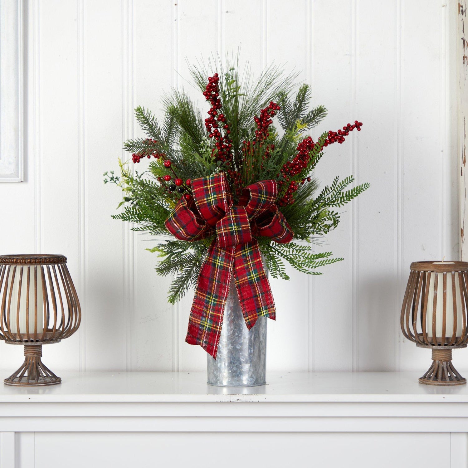 28” Holiday Winter Greenery, Berries and Plaid Bow Artificial Christmas  Arrangement Home Décor