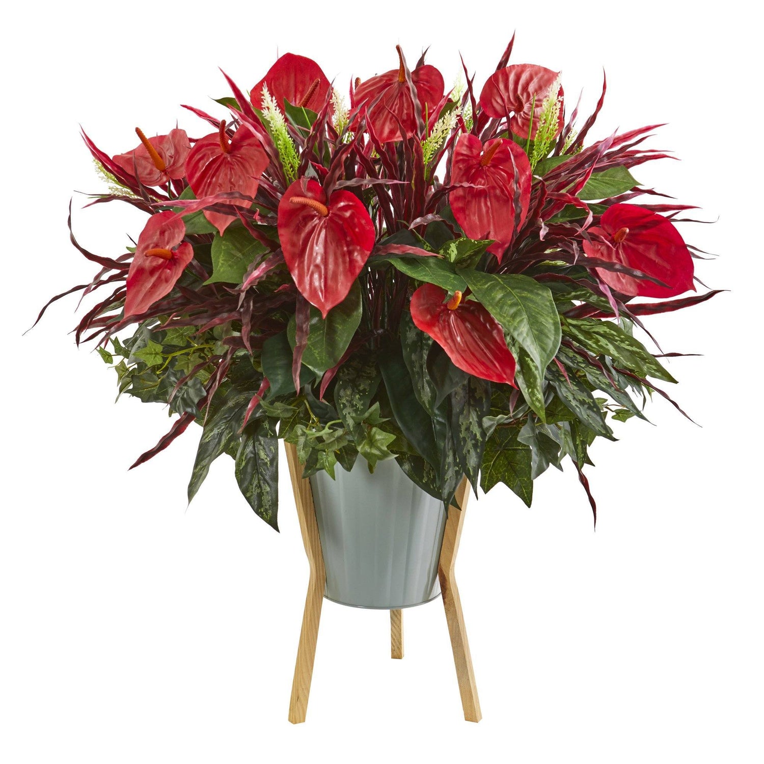 28” Mixed Anthurium Artificial Plant in Green Planter with Stand