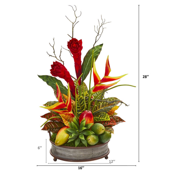 28” Mixed Tropical Arrangement in Metal Tray with Copper Trimming