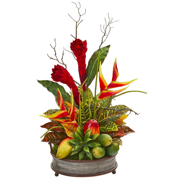 28” Mixed Tropical Arrangement in Metal Tray with Copper Trimming