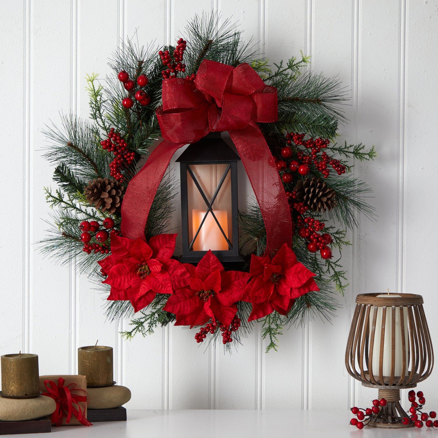 28” Poinsettia and Berry Holiday Lantern Christmas Wreath with LED Candle