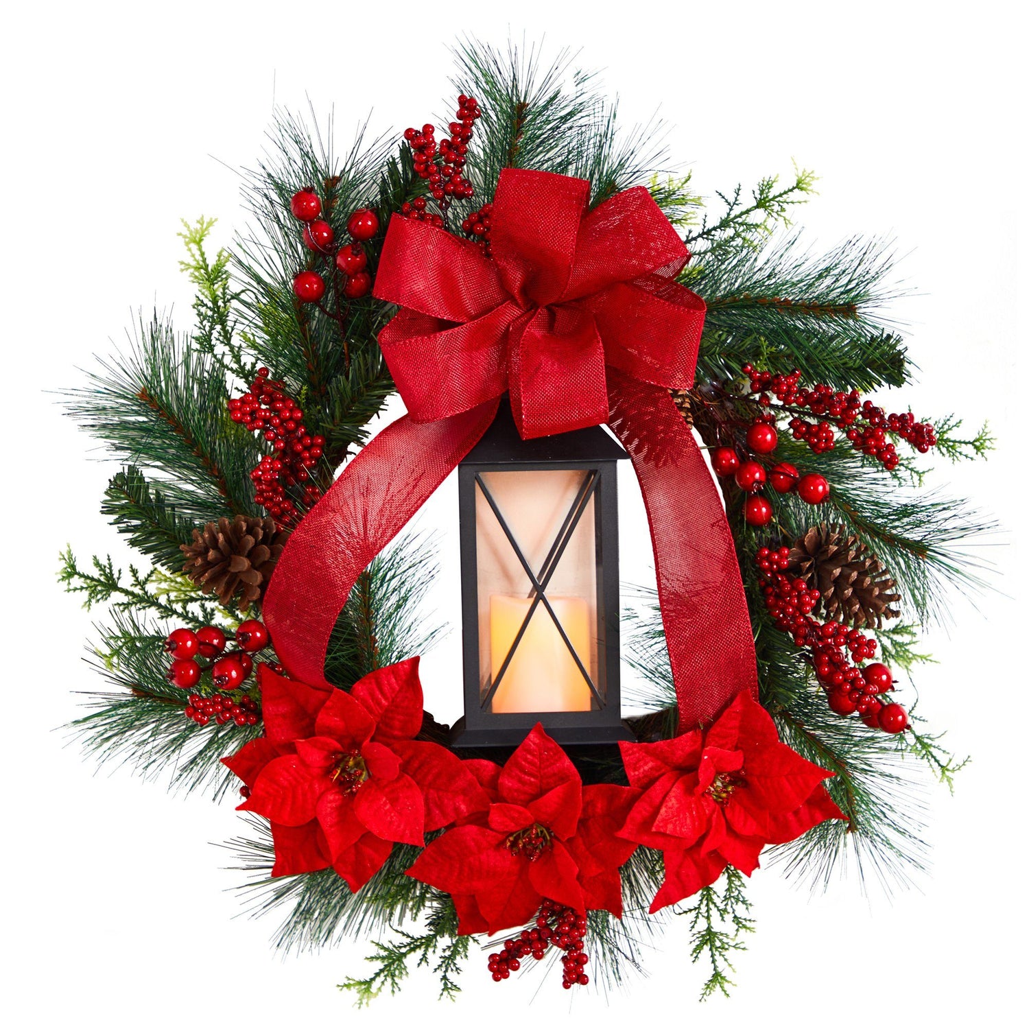 28” Poinsettia and Berry Holiday Lantern Christmas Wreath with LED Candle