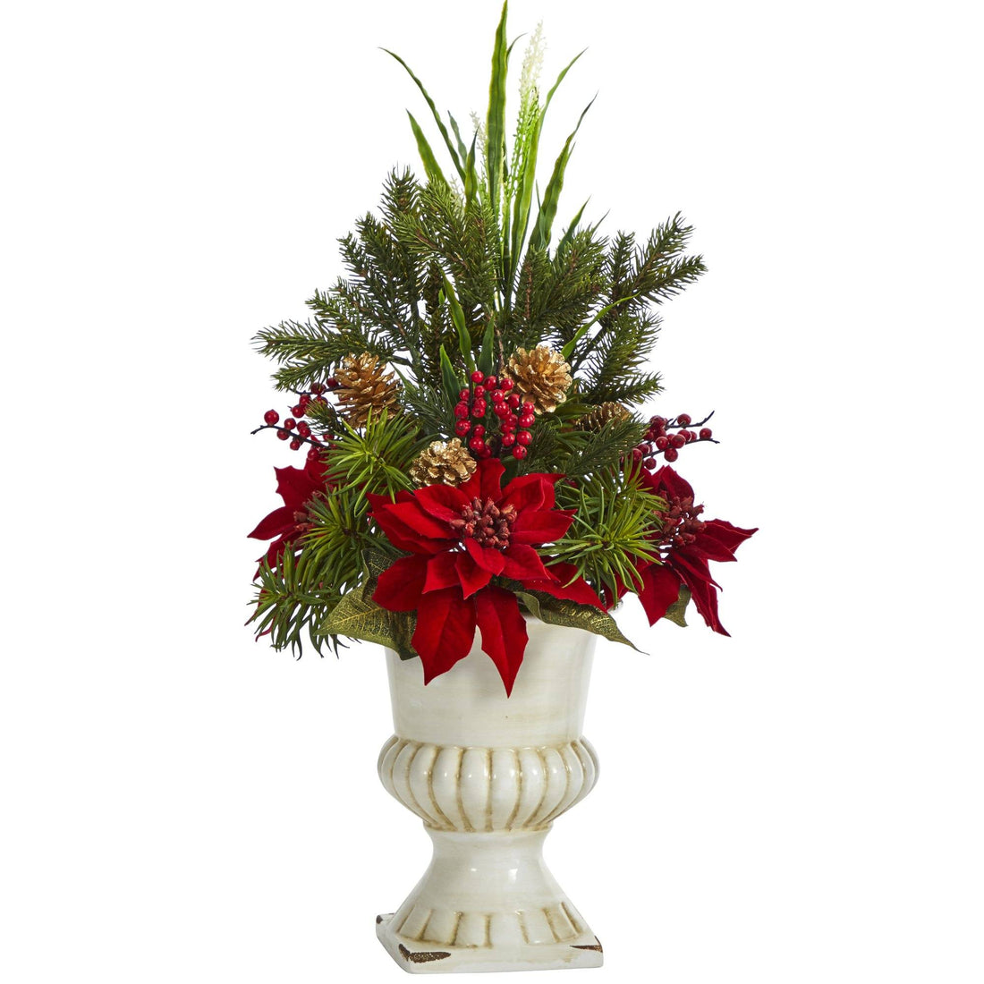 are poinsettias succulents 28” Poinsettia, Grass and Succulent Artificial Arrangement in White Urn