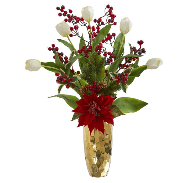 28” Tulip, Poinsettia and Berry Artificial Arrangement in Golden Vase