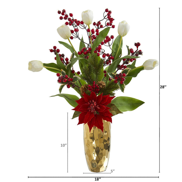 28” Tulip, Poinsettia and Berry Artificial Arrangement in Golden Vase