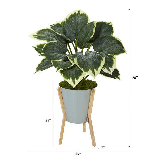 28” Variegated Hosta Artificial Plant in Green Planter with Stand