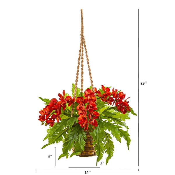 29” Artificial Fern & Phalaenopsis Orchid Plant in Hanging Basket