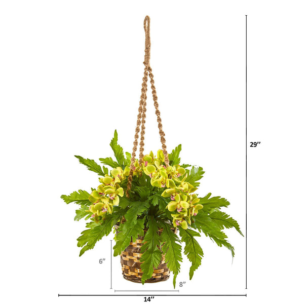 29” Artificial Phalaenopsis Orchid & Fern Plant in Hanging Basket