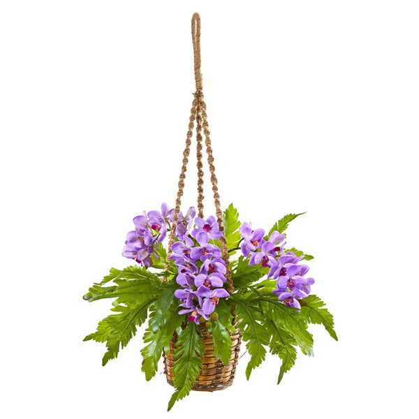 29” Artificial Plant Phalaenopsis Orchid & Fern in Hanging Basket