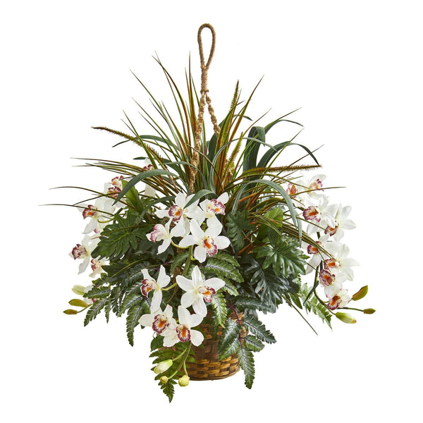 29” Cymbidium Orchid and Mixed Greens Artificial Plant Hanging Basket