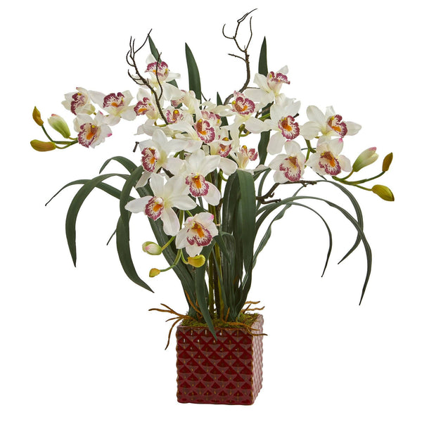 29” Cymbidium Orchid Artificial Arrangement in Red Vase