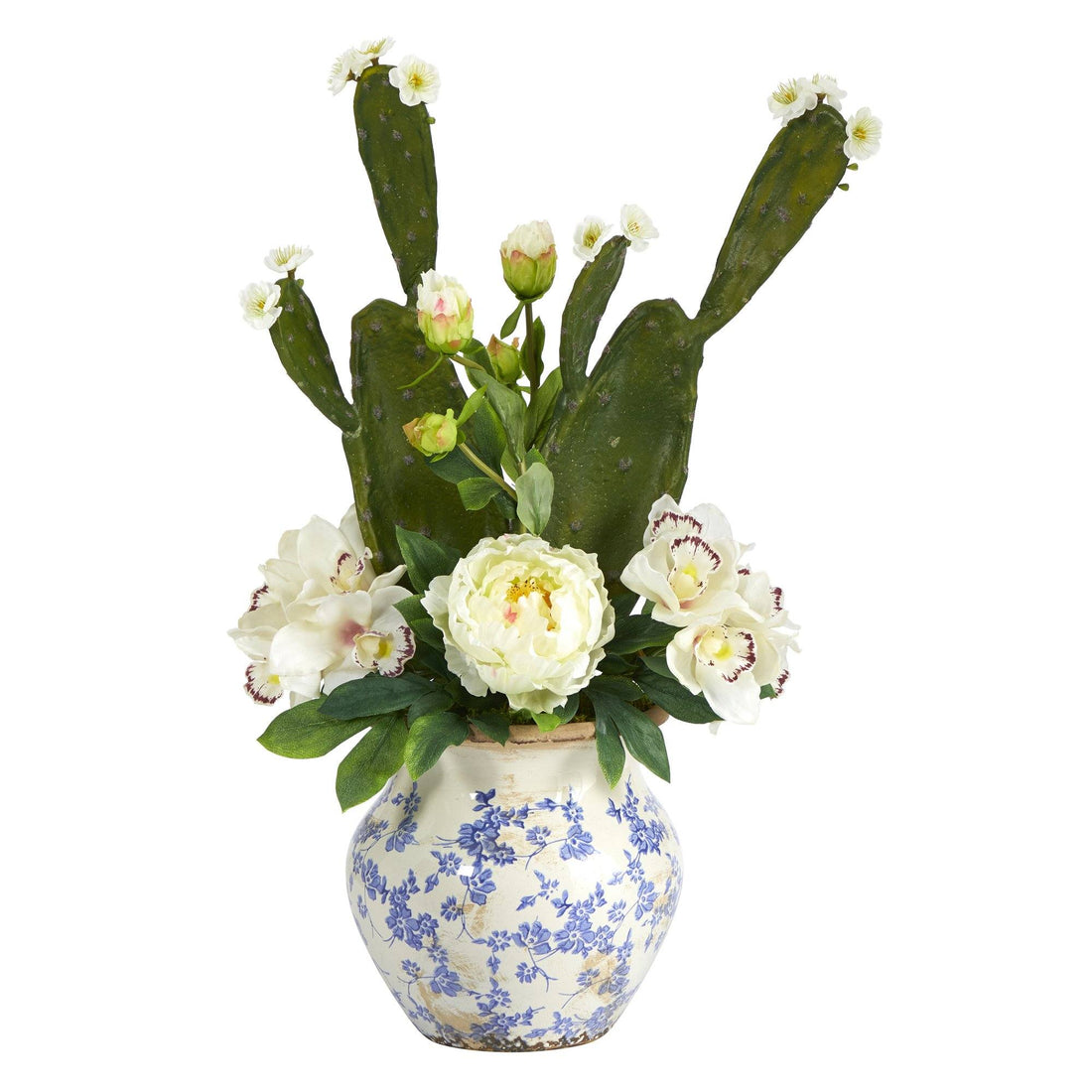 peony and succulent bouquet 29” Cymbidium Orchid, Peony and Cactus Succulent Artificial Arrangement in  Vintage Floral Vase