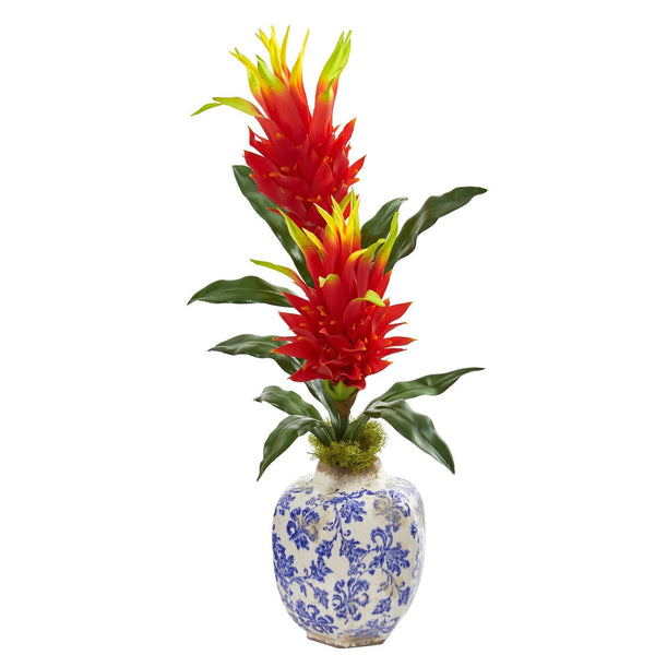 29” Dragon Fruit Flower Artificial Plant in Marine Print Vase