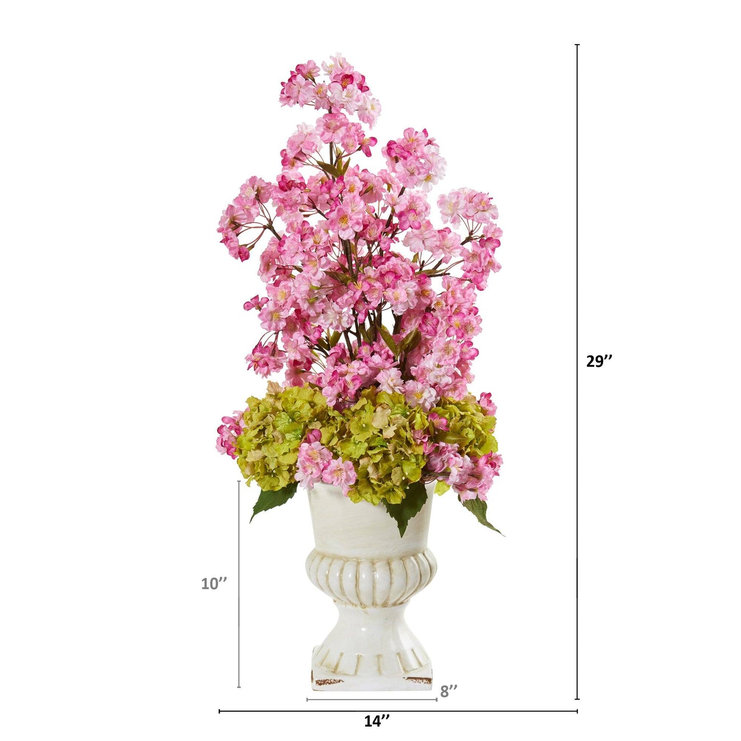 29” Hydrangea and Cherry Blossom Artificial Arrangement in White Urn